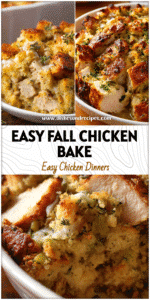 Easy Chicken and Stuffing Bake with golden crust, creamy layers, and tender frozen chicken breasts in a baking dish.